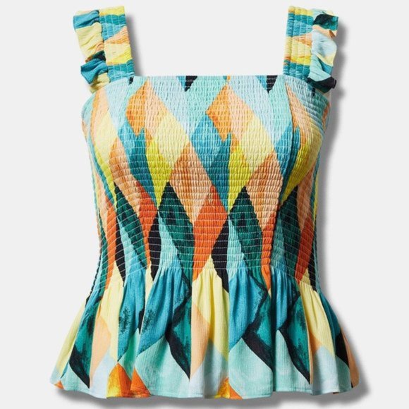 Torrid - Peplum Washable Crinkle Gauze Smocked Tank Top in Geo-Multi - Picture 13 of 13